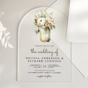 Invitations En Acrylique Roses Blanches Feuilles de Sauge Pot de Mariage en