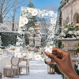 Invitations En Acrylique Roses blanches ivoire mariage luxe neige hiver sag
