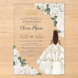 Invitations En Acrylique Roses Blanches Robe de Princesse Florale Dorée Qui