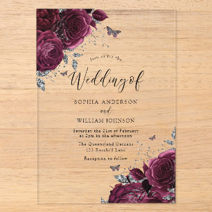 Invitations En Acrylique Roses bordeaux marron avec mariage élégant argent