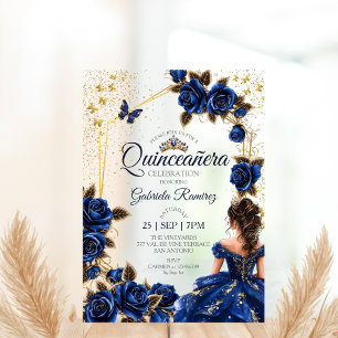 Invitations En Acrylique Roses de Quinceañera Couronne de Tiara Dorée Bleu 