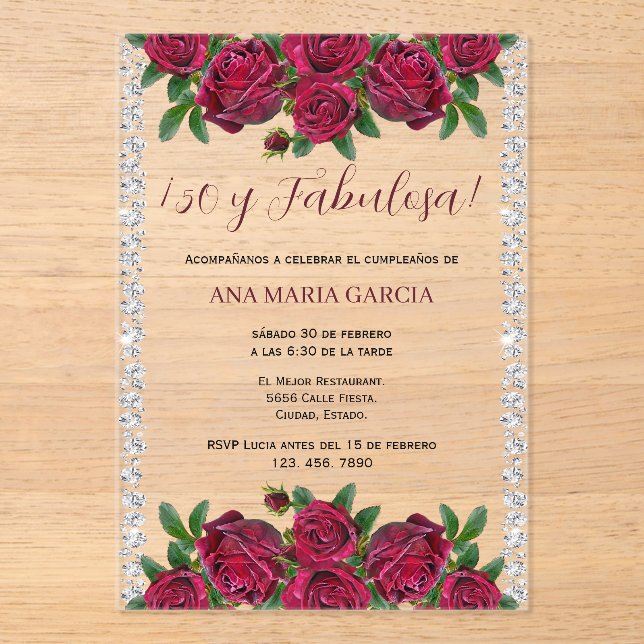 Invitations En Acrylique Roses & Diamonds Feminine 50th Birthday Spanish (Recto)