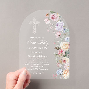 Invitations En Acrylique Roses Élégantes Arc Première Communion