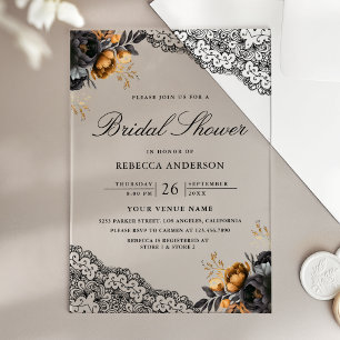 Invitations En Acrylique Roses en or noir dentelle mariage gothique