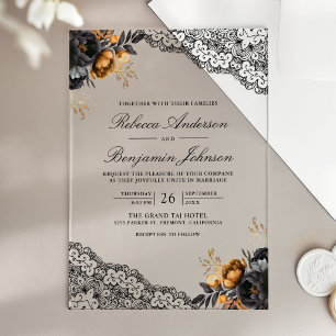Invitations En Acrylique Roses en or noir dentelle mariage gothique