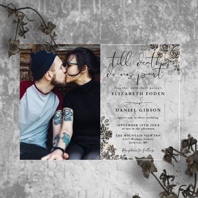 Invitations En Acrylique Roses gothiques Noir et Or Mariage photo Floral (Black And Gold Gothic Roses Floral Photo Wedding Acrylic Invitations)