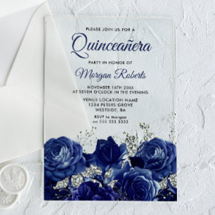 Invitations En Acrylique Roses Navy et Élégante Quinceañera Argentée