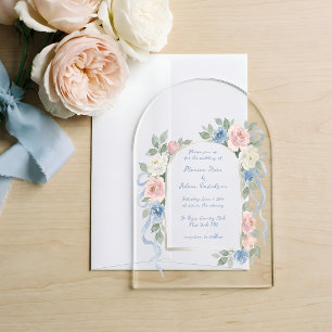 Invitations En Acrylique Roses pastel rose, blanches et bleues & Arche de r