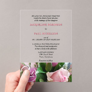 Invitations En Acrylique Roses rose clair Love Mariée et Groom Clair