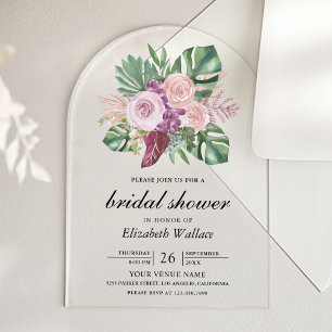 Invitations En Acrylique Roses Rose Poussiéreux Tropical Monstera Baby Show