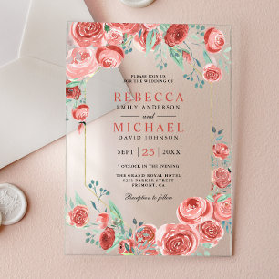 Invitations En Acrylique Roses roses corail modernes mariage floral