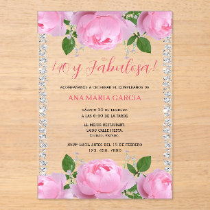 Invitations En Acrylique Roses roses et diamants 40e anniversaire espagnol