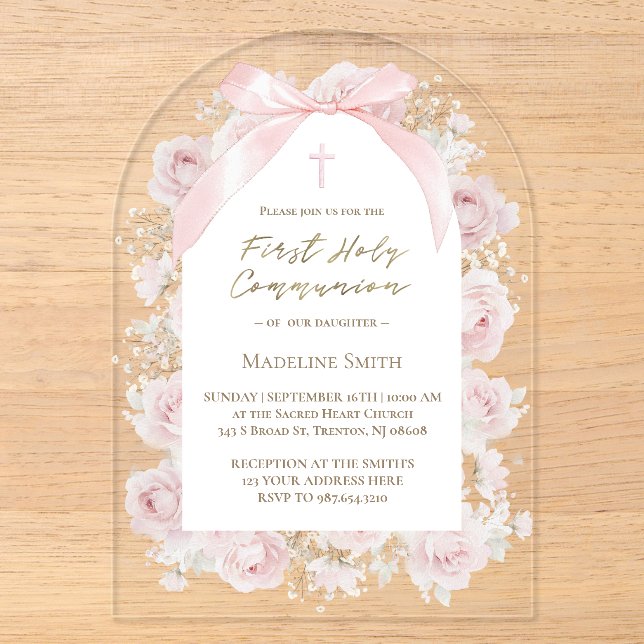 Invitations En Acrylique roses roses Première Sainte Communion (Recto)