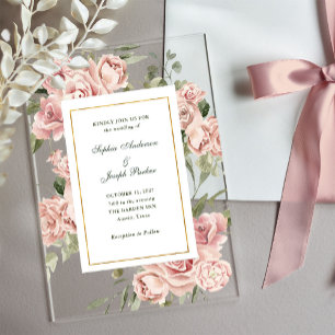 Invitations En Acrylique Roses roses romantiques et or Mariage
