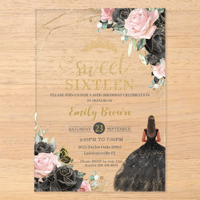 Invitations En Acrylique Roses roses roses noires Floral Tan Princesse Swee (Recto)