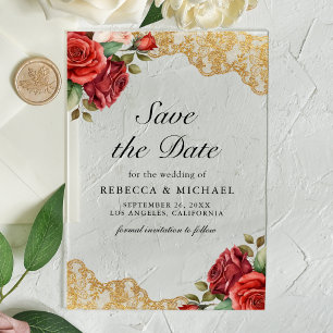 Invitations En Acrylique Roses Rouges Dentelle Dorée Mariage Enregistrez la