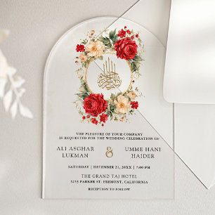 Invitations En Acrylique Roses Rouges Fleurs d'Ivoire Or Mariage Musulman