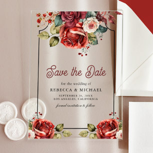 Invitations En Acrylique Roses Rouges Fleurs Mariage Enregistrer la Date