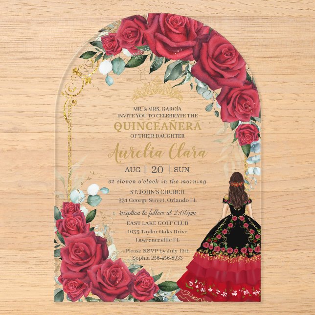 Invitations En Acrylique Roses rouges Floral Noir Charro Quinceañera Arc (Recto)