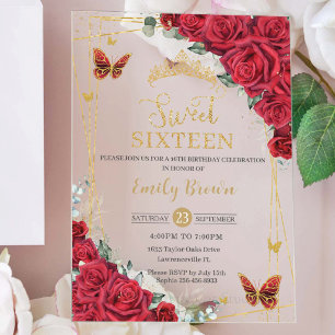 Invitations En Acrylique Roses Rouges Florales Papillons Dorés Sweet Seize
