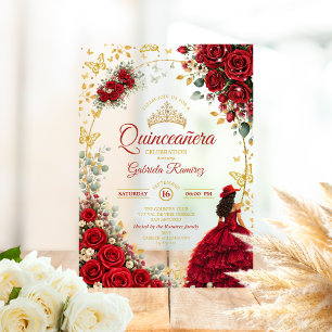 Invitations En Acrylique Roses Rouges Papillons Dorés Quinceañera