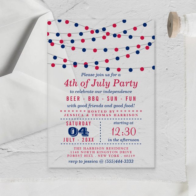Invitations En Acrylique Rouge, Blanc et Bleu, voyants 4 juillet fête (Créateur téléchargé)