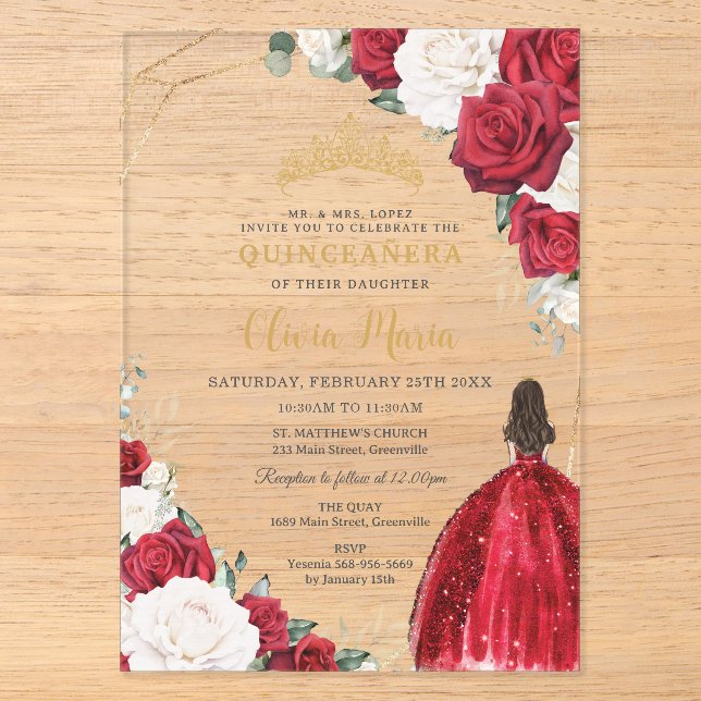 Invitations En Acrylique Rouge Blanc Floral Princesse Robe Or Quinceañera (Recto)