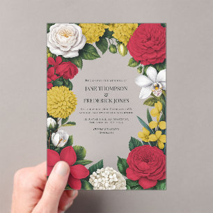 Invitations En Acrylique Rouge Cerise, Blanc & Or Floral Mariage