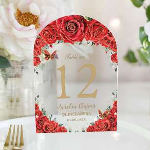 Invitations En Acrylique Rouge Floral Rose Gold Quinceañera 16 Numéro de ta