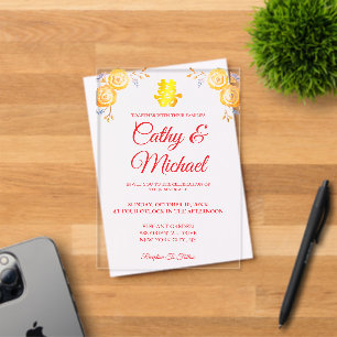 Invitations En Acrylique Rouge orange floral chinois mariage double bonheur