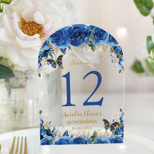 Invitations En Acrylique Royal Blue Floral Gold Quinceañera 16 Numéro de ta