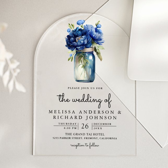 Invitations En Acrylique Royal Blue Floral Mason Jar Wedding (Créateur téléchargé)