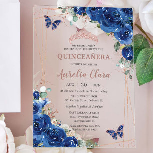 Invitations En Acrylique Royal Blue Floral Rose Gold Quinceañera Anniversai