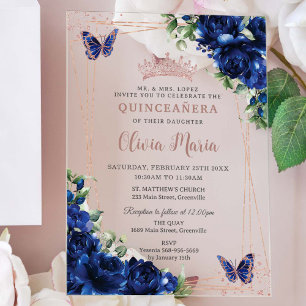 Invitations En Acrylique Royal Blue Floral Rose Gold Quinceañera Papillon