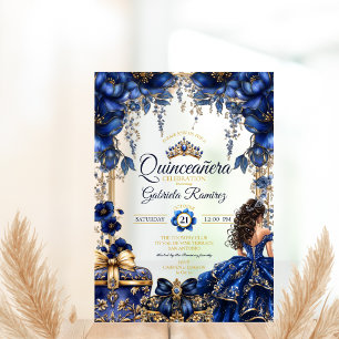 Invitations En Acrylique Royal Blue Golden Tiara Floral Quinceañera