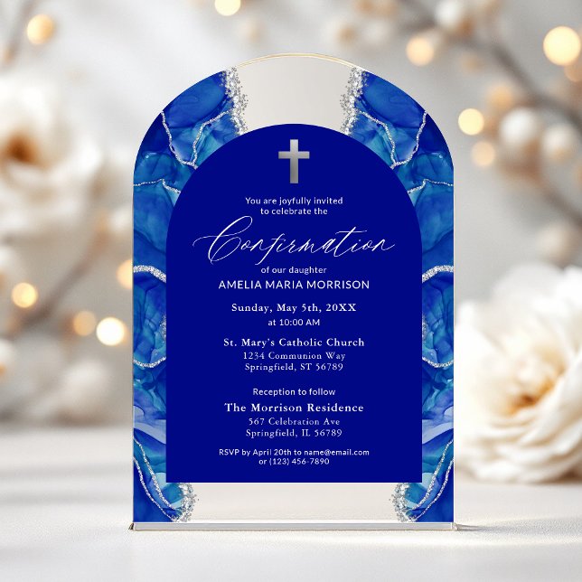 Invitations En Acrylique Royal Blue Silver Agate Confirmation Moderne (Créateur téléchargé)