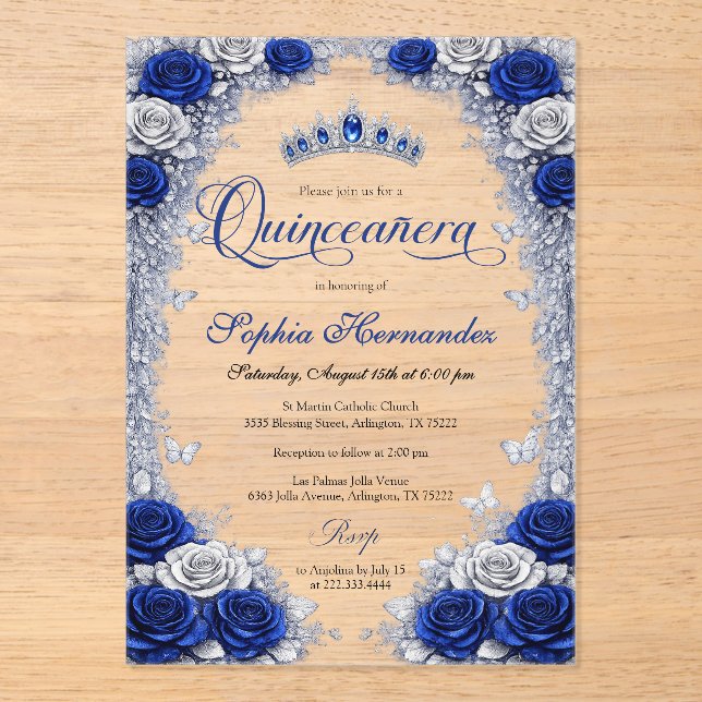 Invitations En Acrylique Royal Blue & Silver Quinceanera  (Recto)