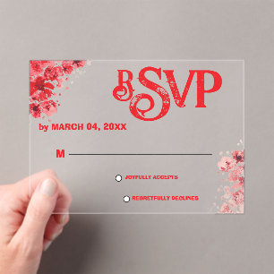 Invitations En Acrylique RSVP mariage floral rouge romantique