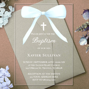 Invitations En Acrylique ruban bleu pastel Baptême