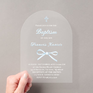 Invitations En Acrylique ruban bleu pastel Baptême