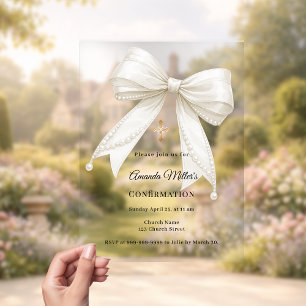 Invitations En Acrylique Ruban de perles d'ivoire fille élégante confirmati