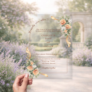 Invitations En Acrylique Ruban floral champagne ivoire mariage de luxe