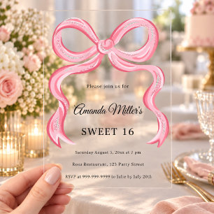 Invitations En Acrylique Ruban rose clair doodle Sweet 16 luxe transparent