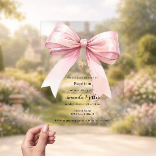 Invitations En Acrylique Ruban rose crème fille claire Baptême