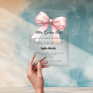 Invitations En Acrylique Ruban rose élégant Quinceanera luxe transparent