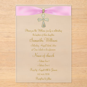Invitations En Acrylique Ruban rose et croix d'or Baptême