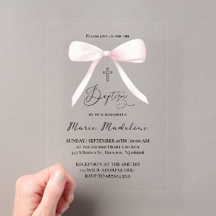 Invitations En Acrylique ruban rose pastel Baptême