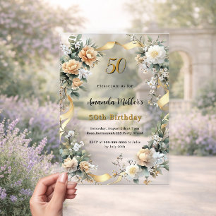 Invitations En Acrylique Rubans floraux jaune or anniversaire clair