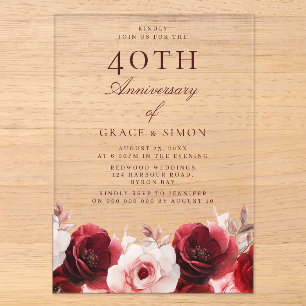 Invitations En Acrylique Ruby Red Roses 40e anniversaire du Mariage