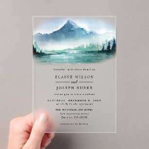 Invitations En Acrylique Russe Aquarelle Pine Mountains Lac Mariage